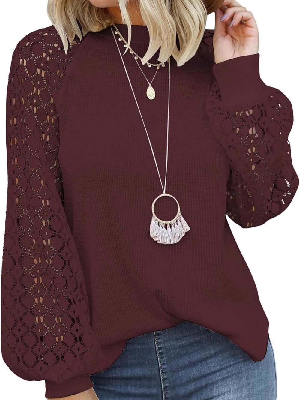 Burgundy Lace Balloon Sleeve Knit Top - Wine
